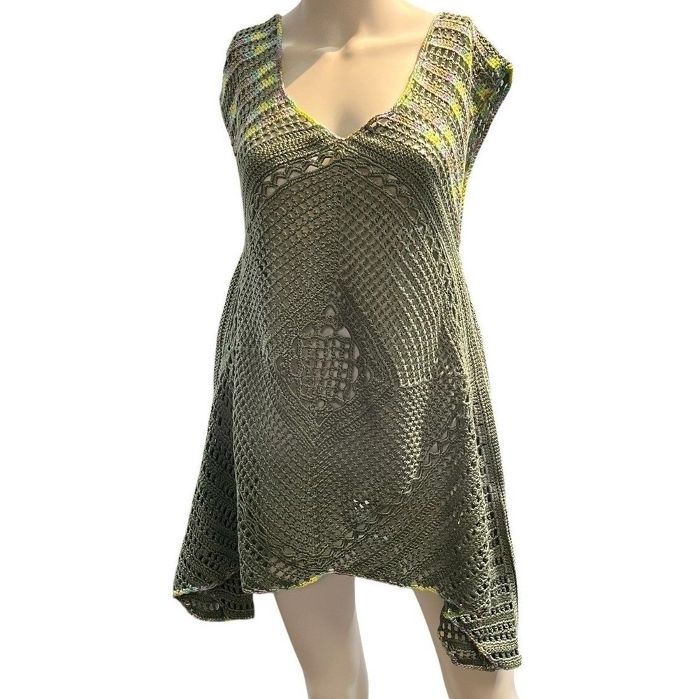 Green Crochet Open Knit Dress Tunic Cover Up OS Assemetrical Boho Beach Hippie